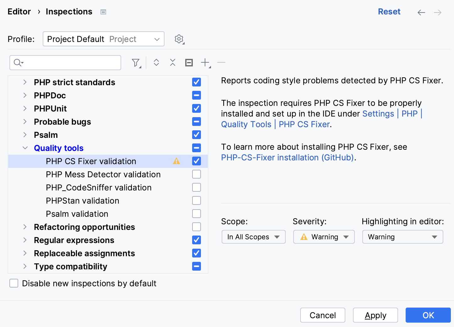 Select PHP CS Fixer validation checkbox