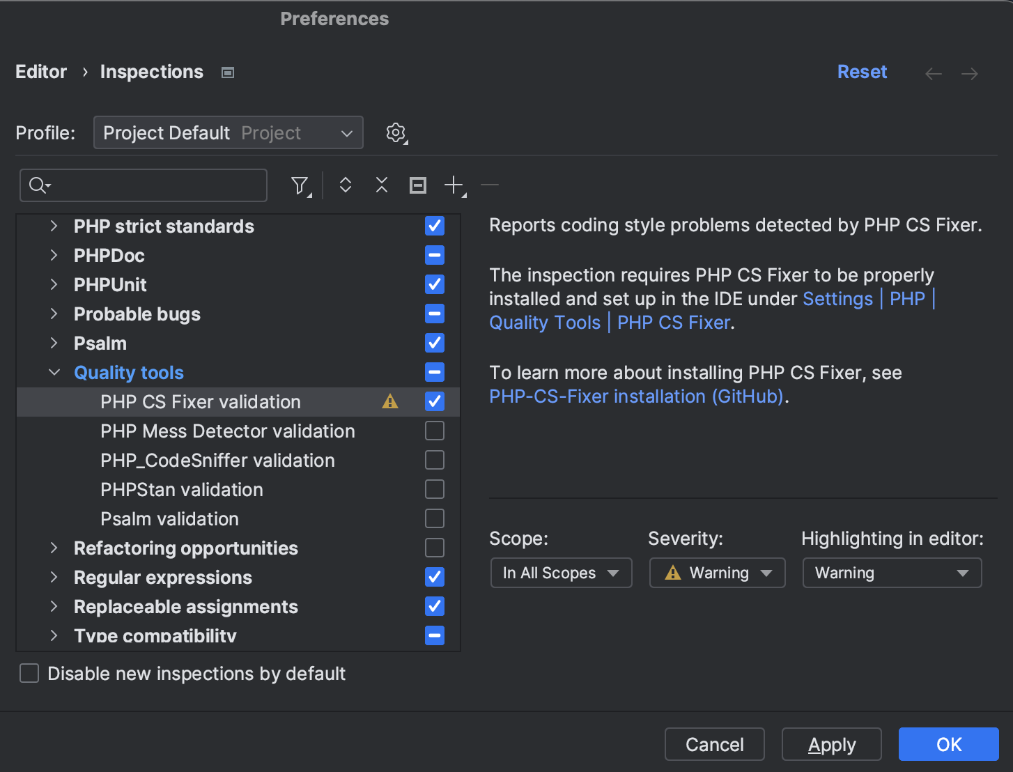 Select PHP CS Fixer validation checkbox