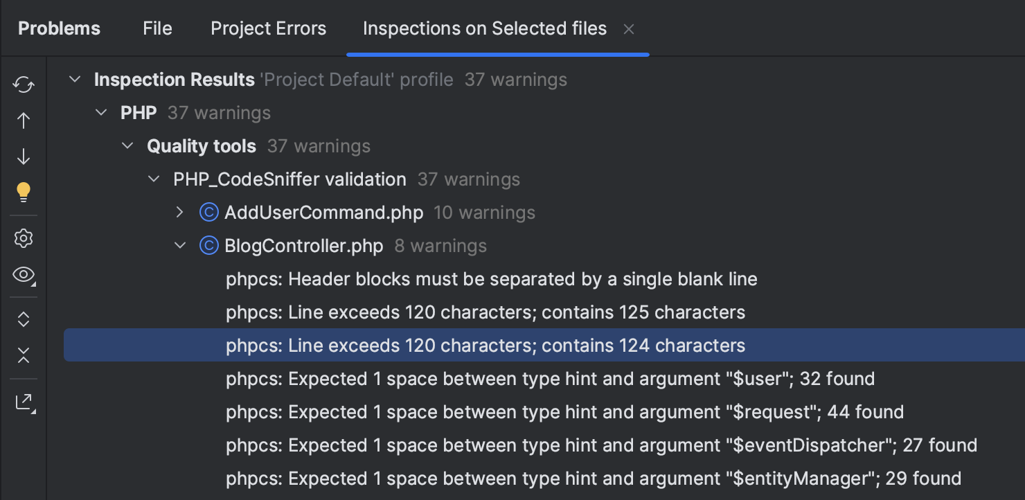 PHP_CodeSniffer inspections list