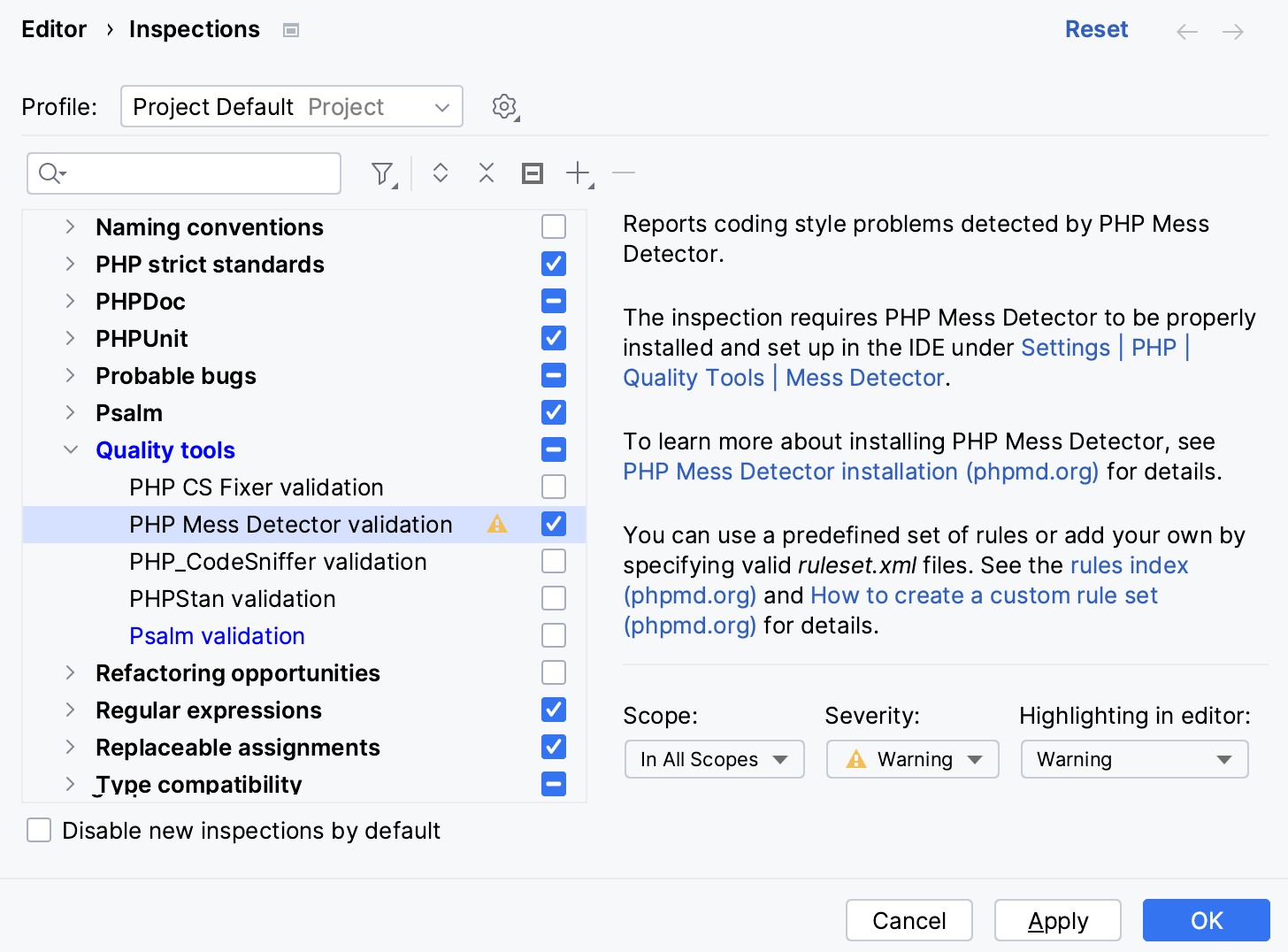 Select PHP Mess Detector validation checkbox