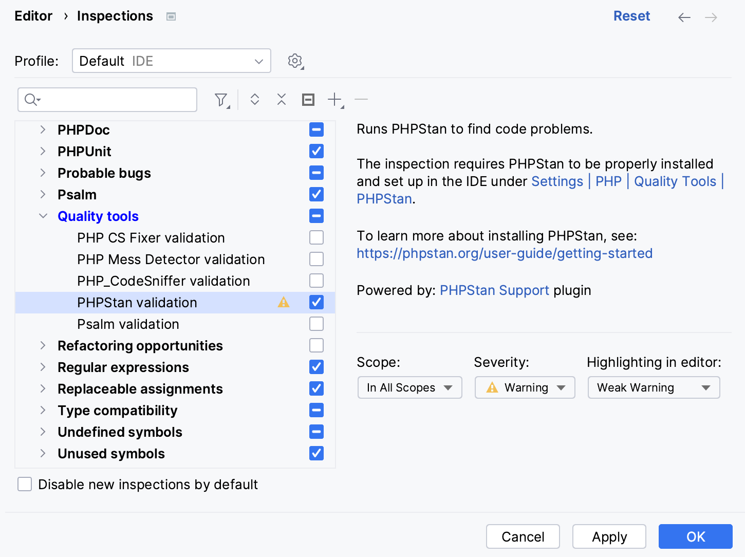 Select PHPStan validation checkbox