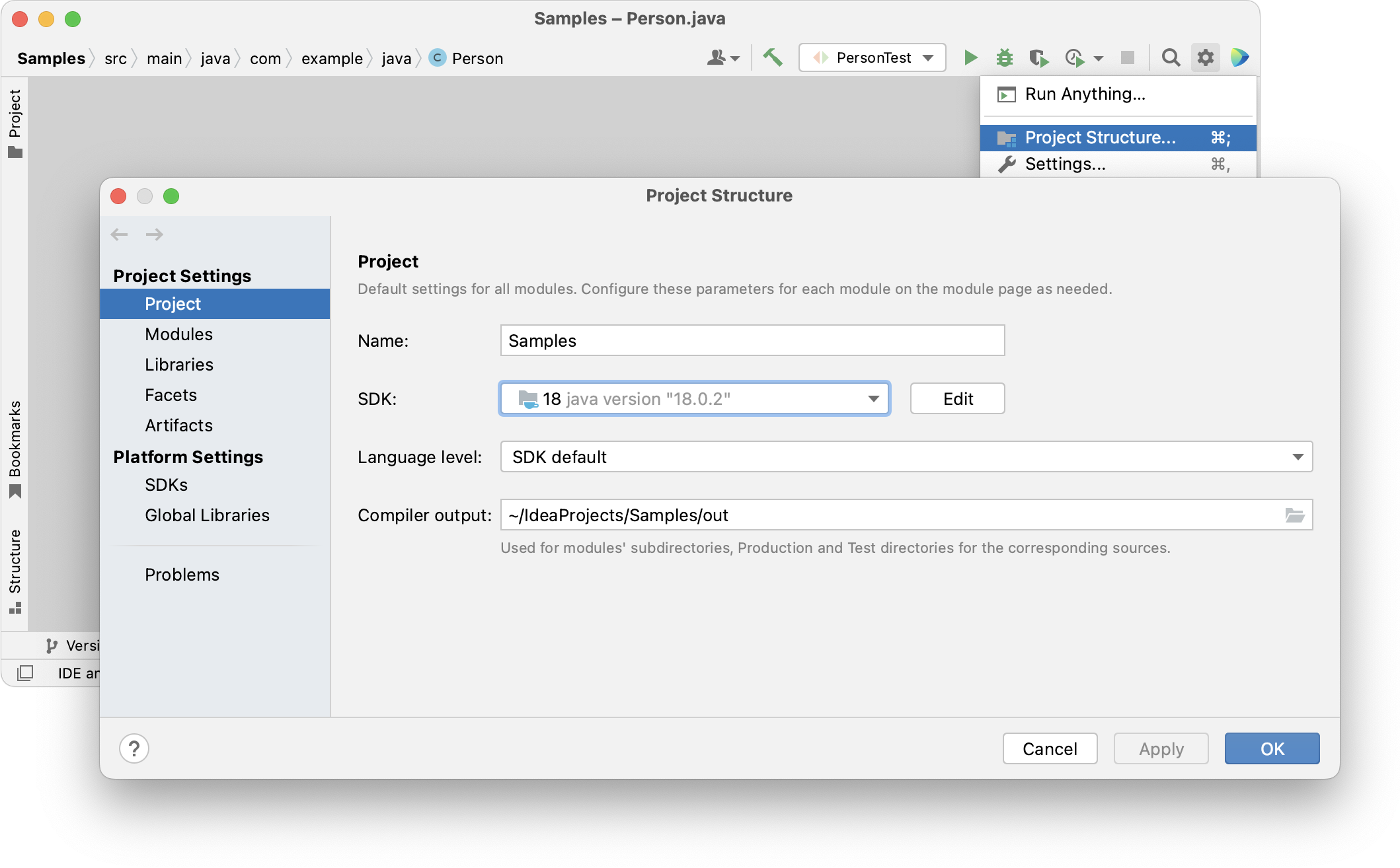 Project page of the Project Structure dialog