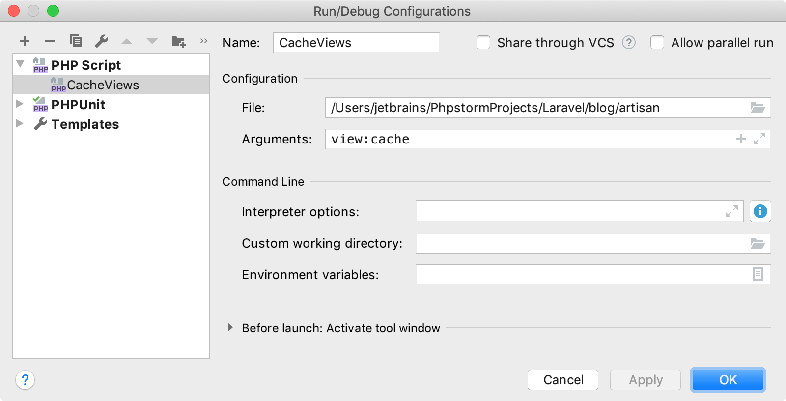 Run/Debug Configurations dialog for Laravel CLI command