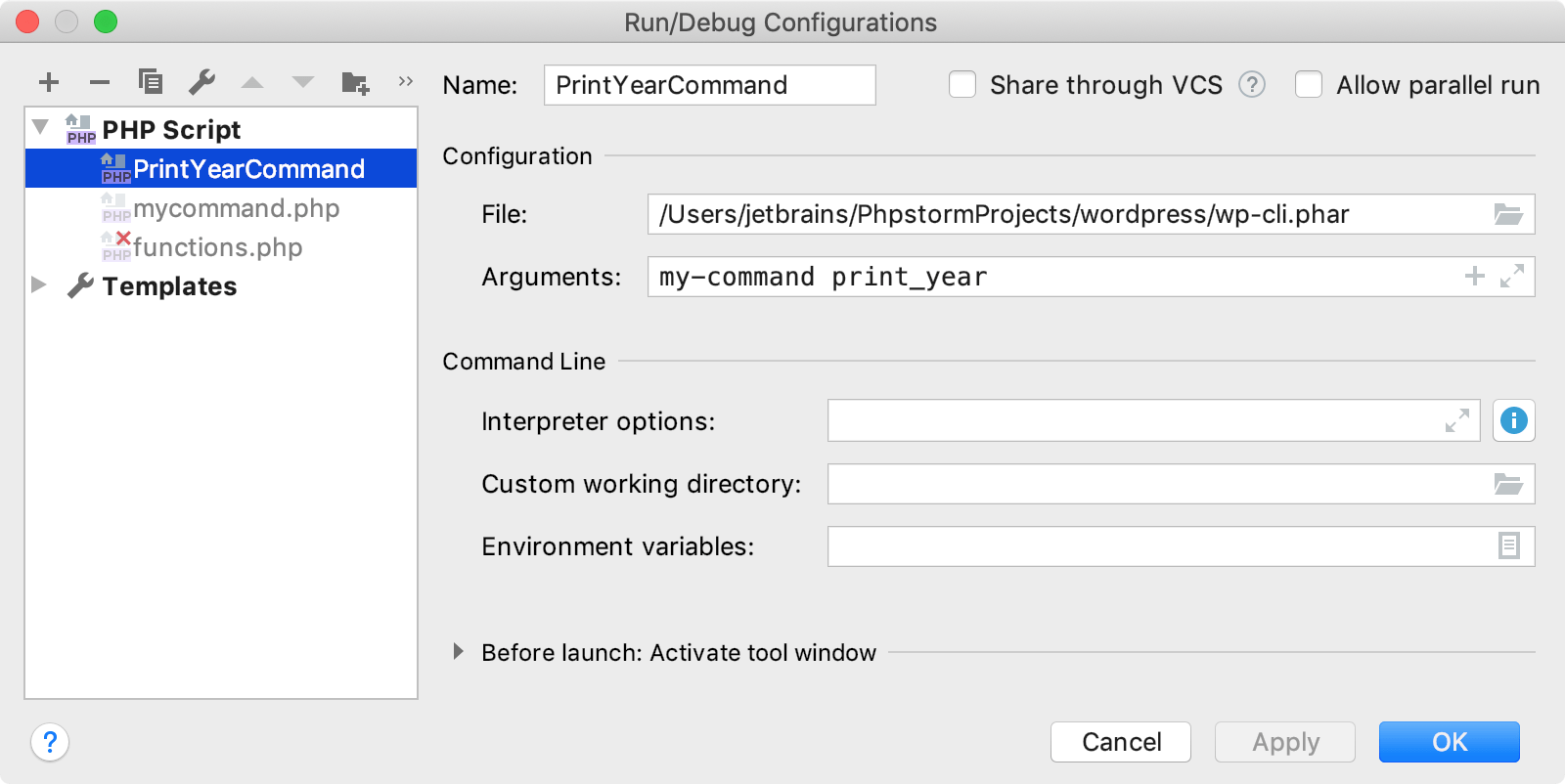 Run/Debug Configurations dialog for Wordpress CLI command