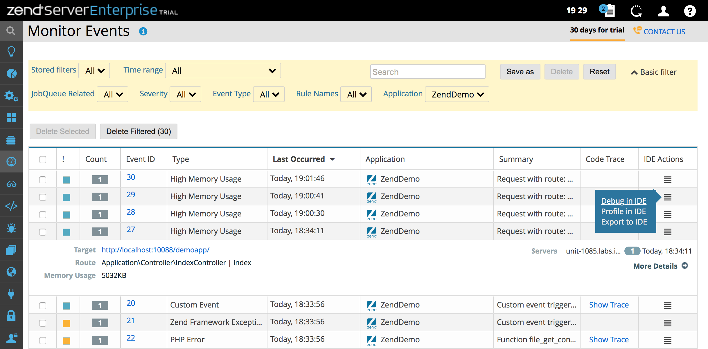 Zend events list actions