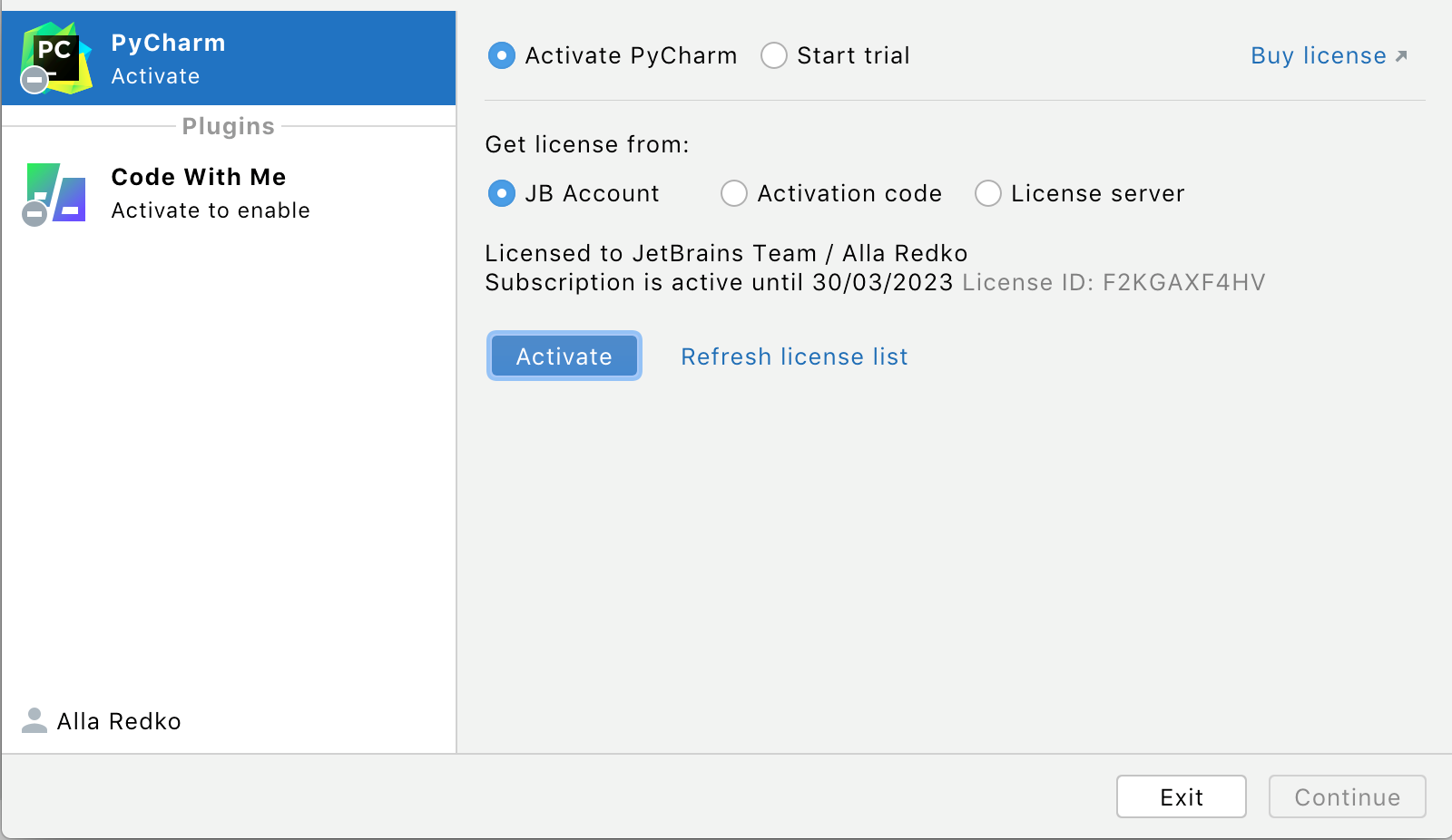 Activate PyCharm license with a JB Account