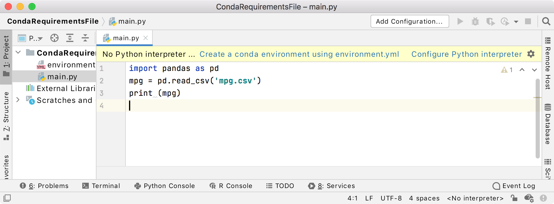 Warning with options for configuring a project interpreter