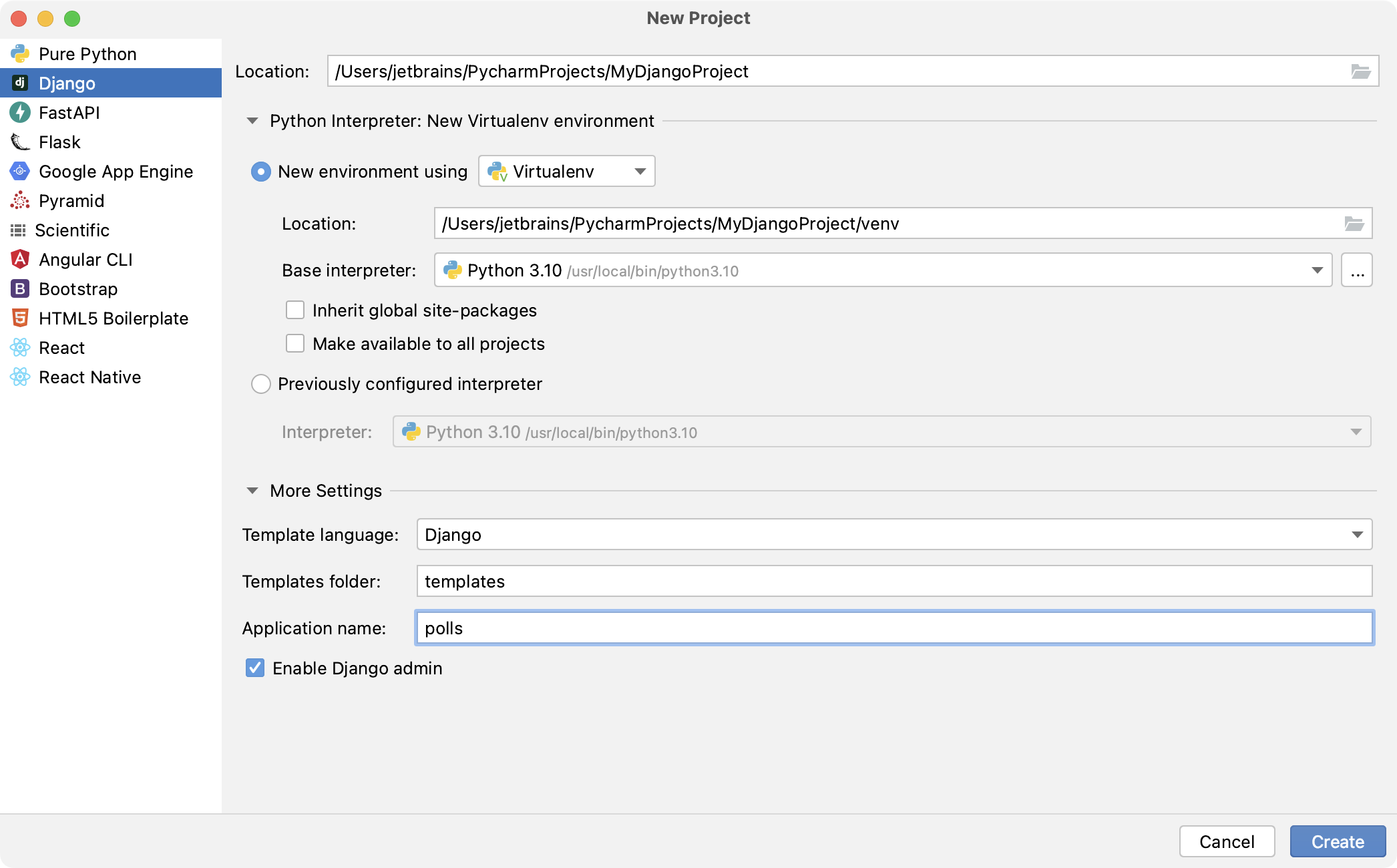 Создать джанго проект pycharm