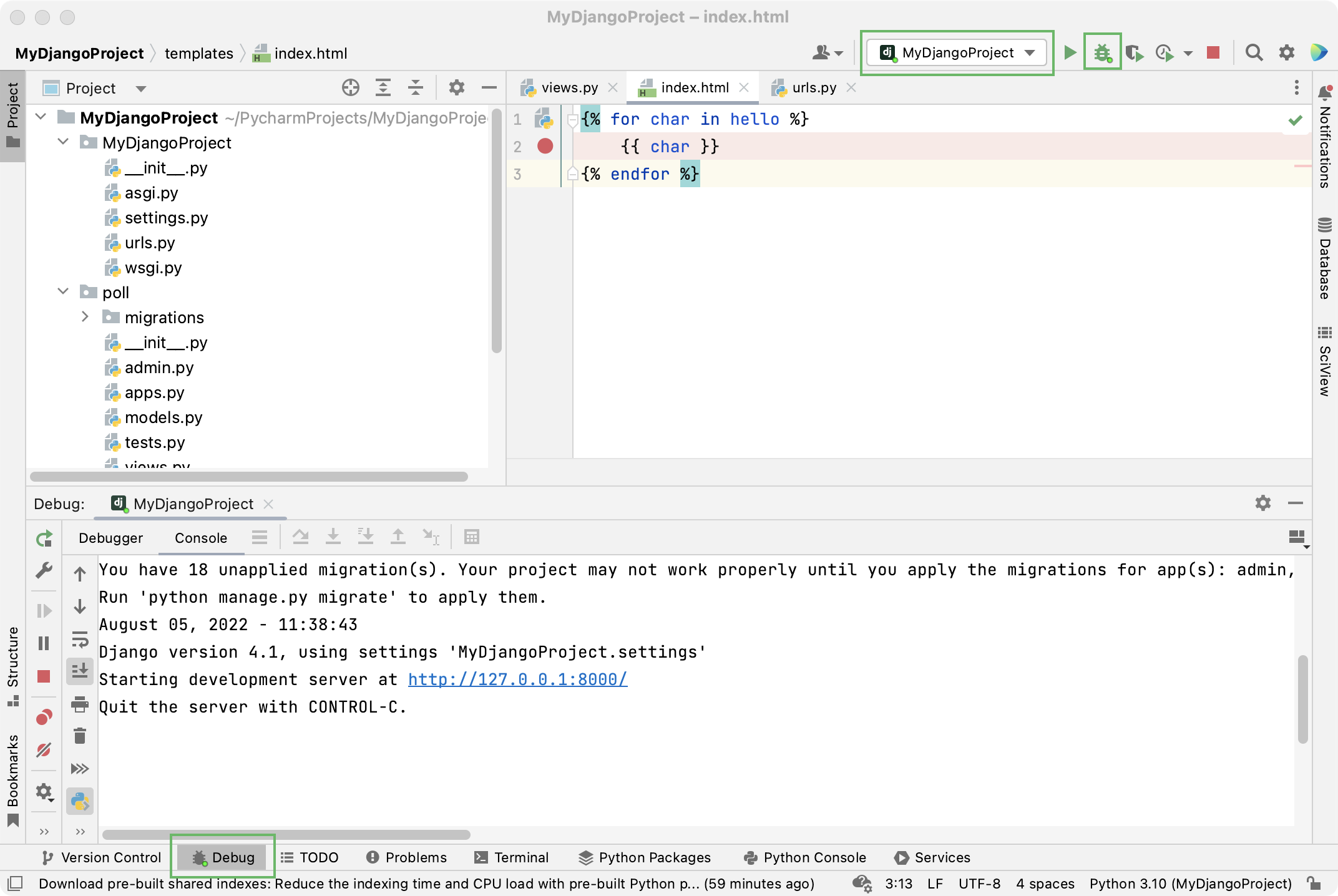 Debugging a Django template: launch debug configuration