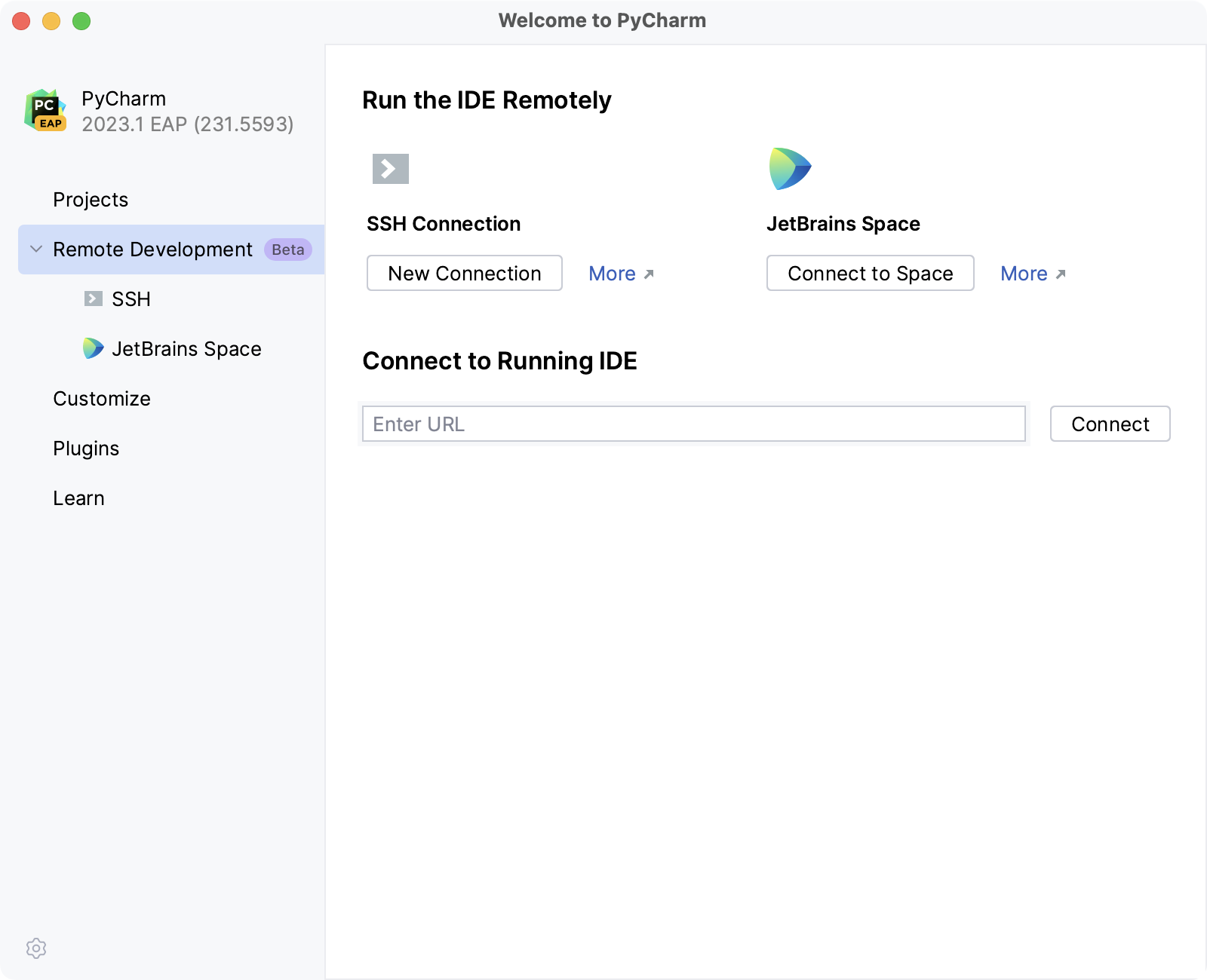 Configuring remote development settings on Welcome screen