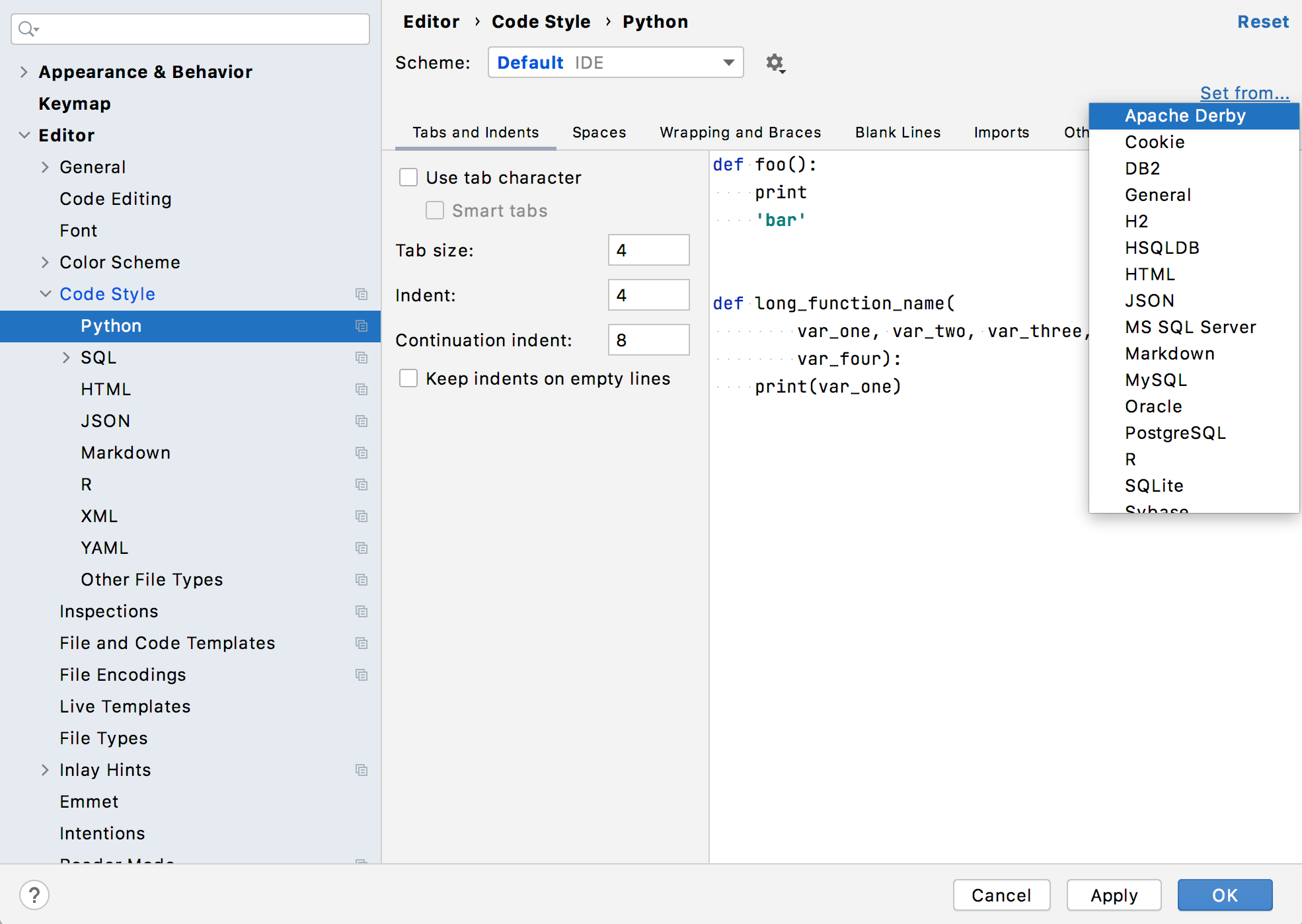 Code style settings reused from another language