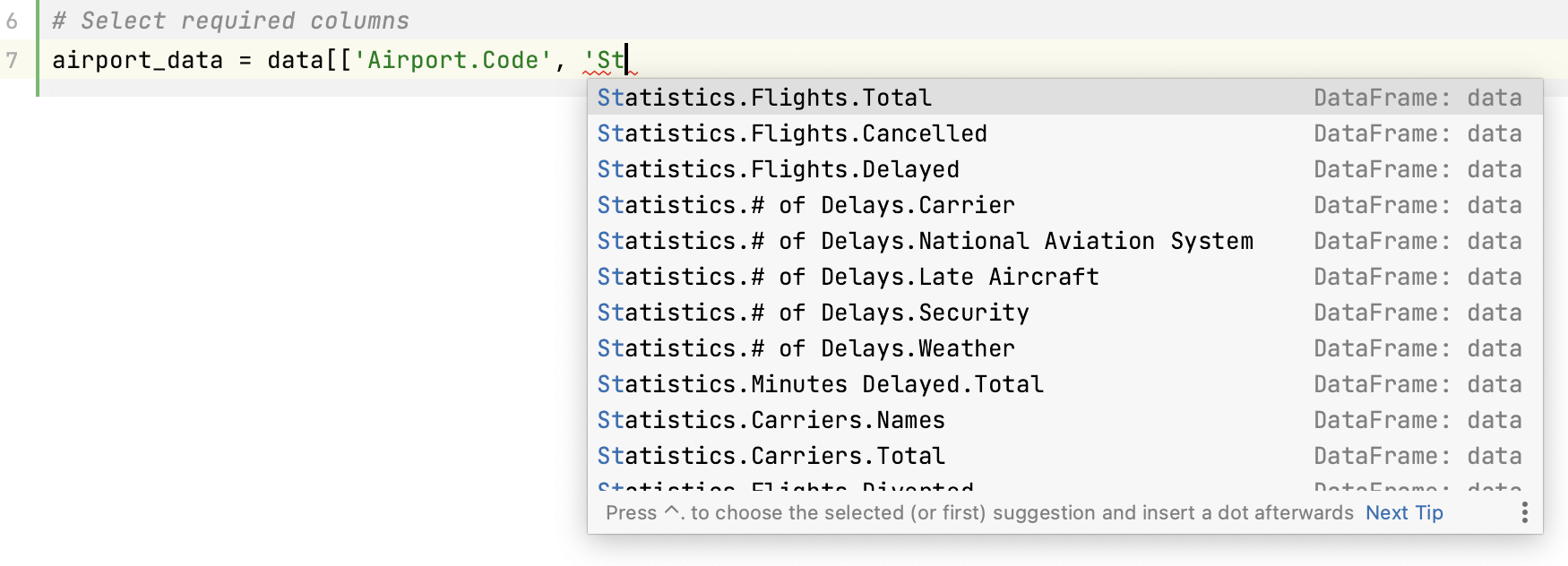 Auto completion of column headers names