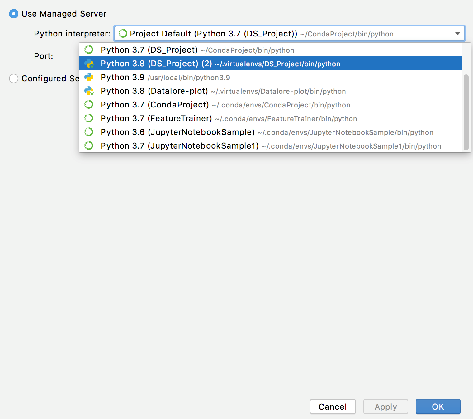 Select an interpreter for the managed server