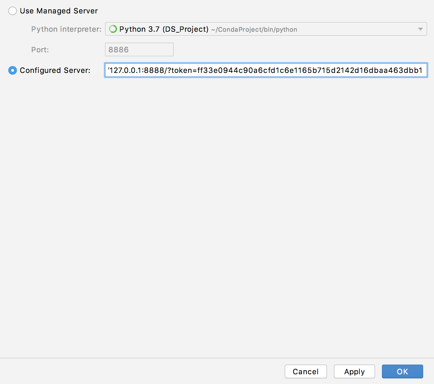 Configure a Jupyter server. Settings dialog