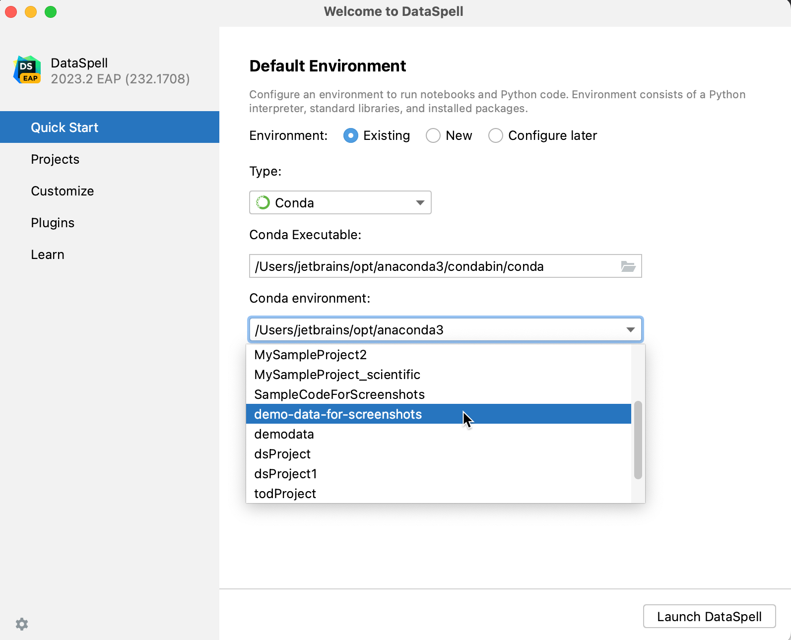 Select an existing conda environment