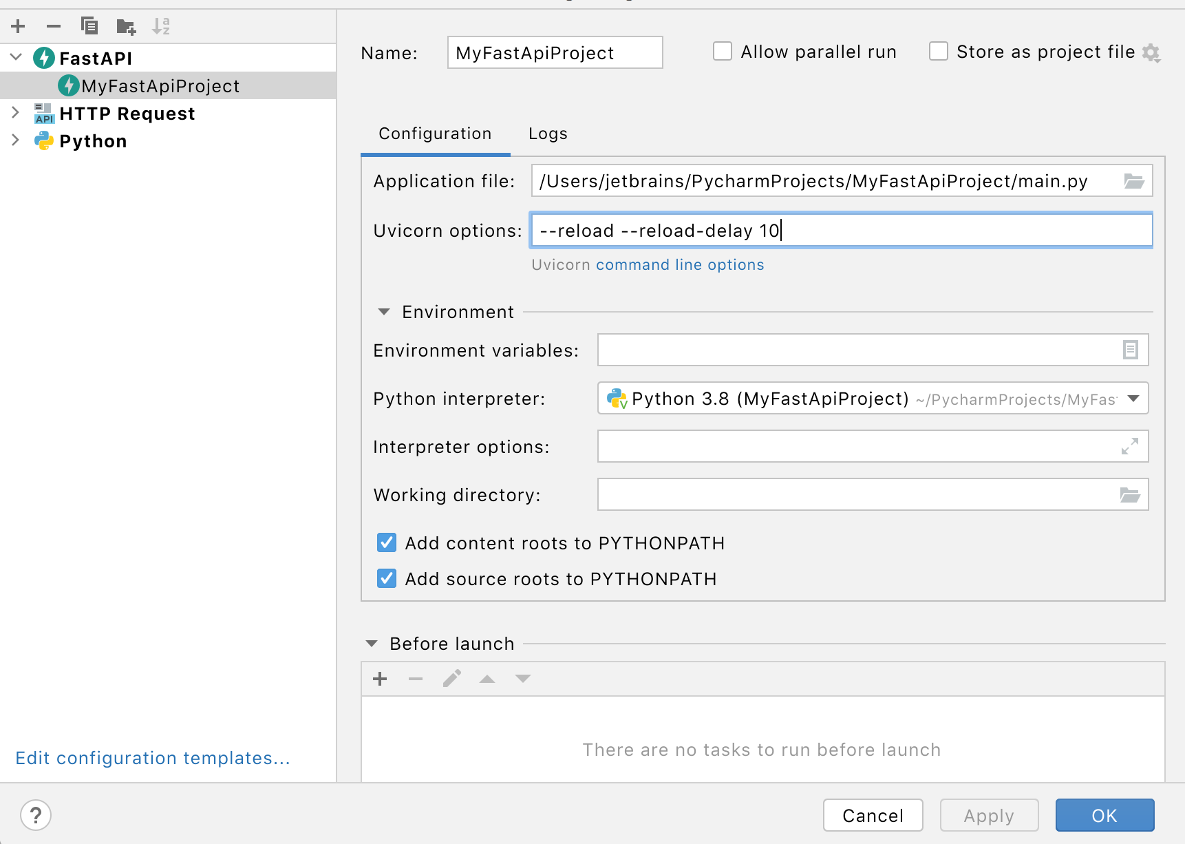 FastAPI run/debug configuration