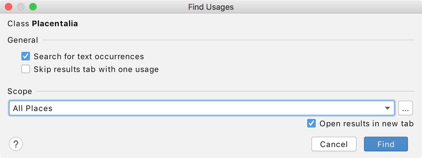 Find usages in a dialog