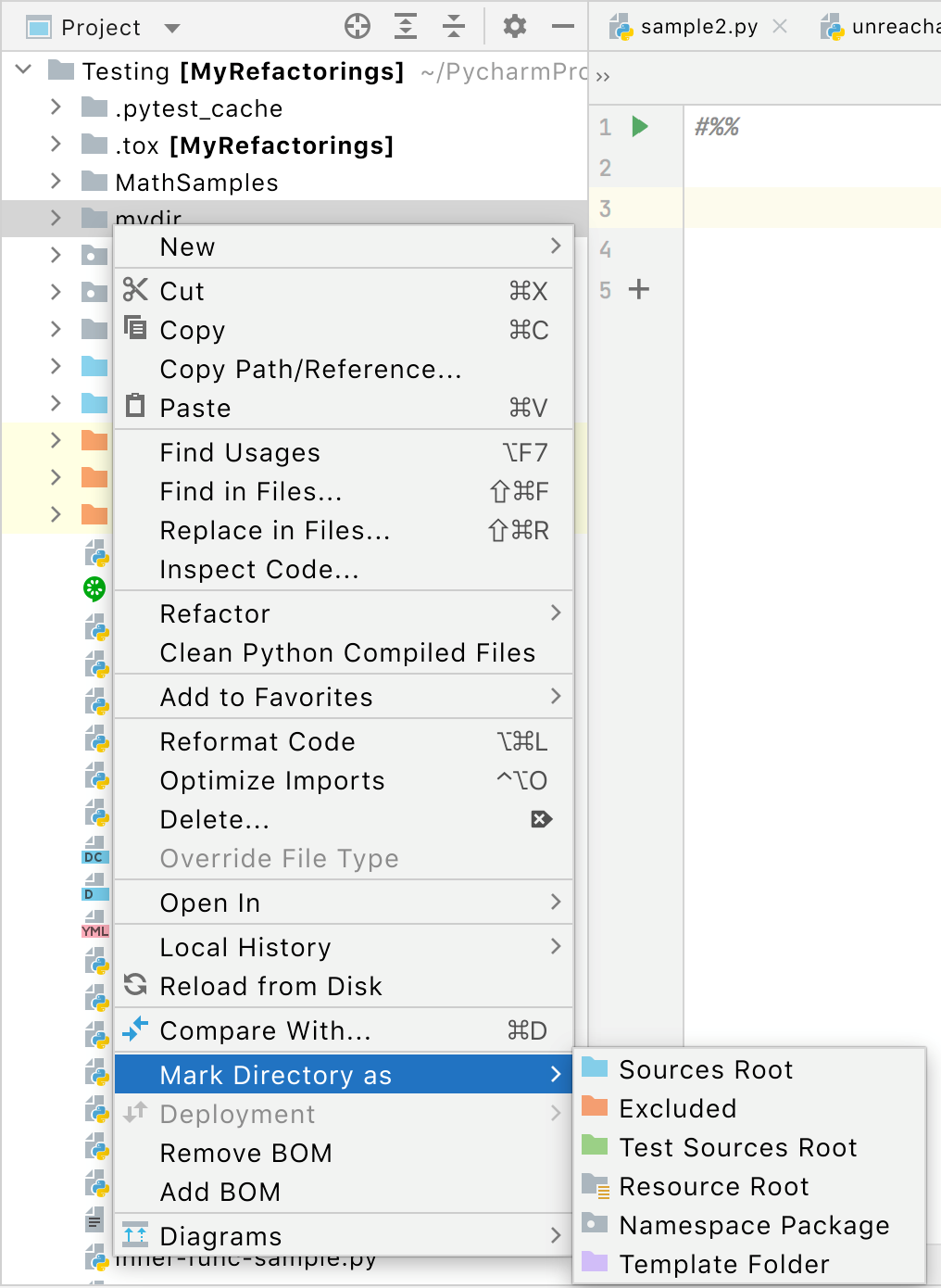 Mark directory in the Project tool window