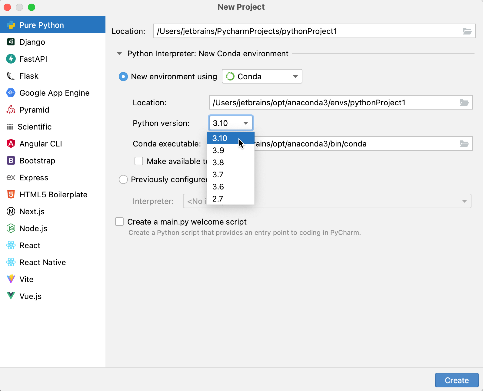 Create a project with a conda environment