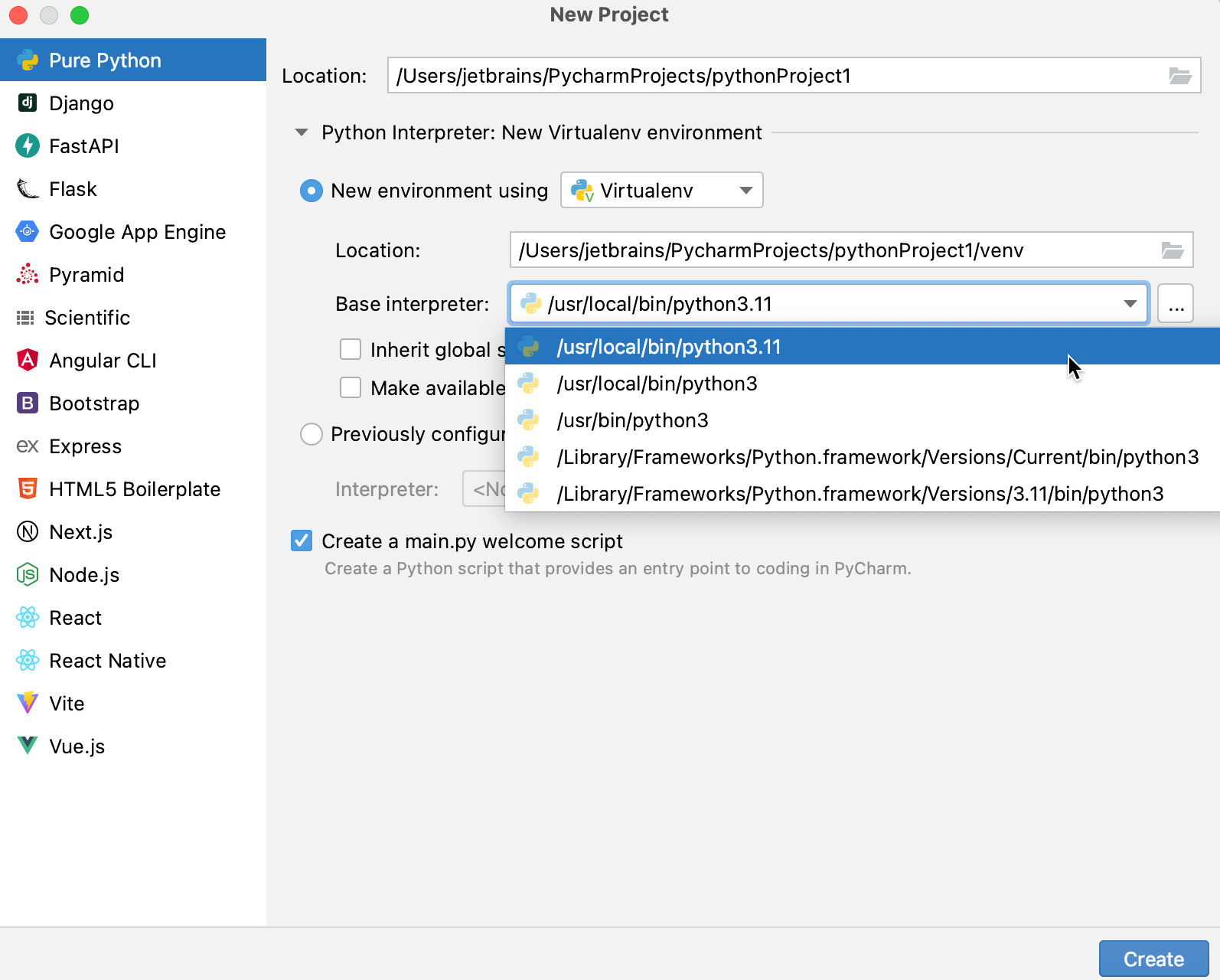 Create a project with virtualenv