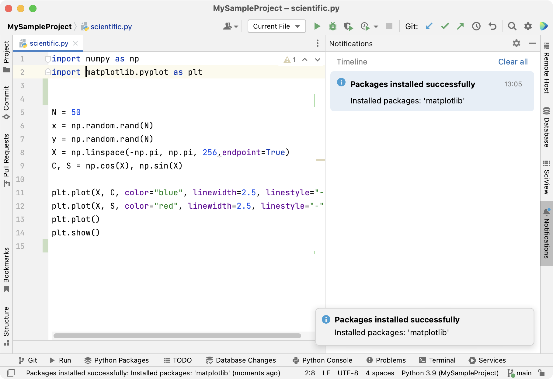 Notifications in PyCharm