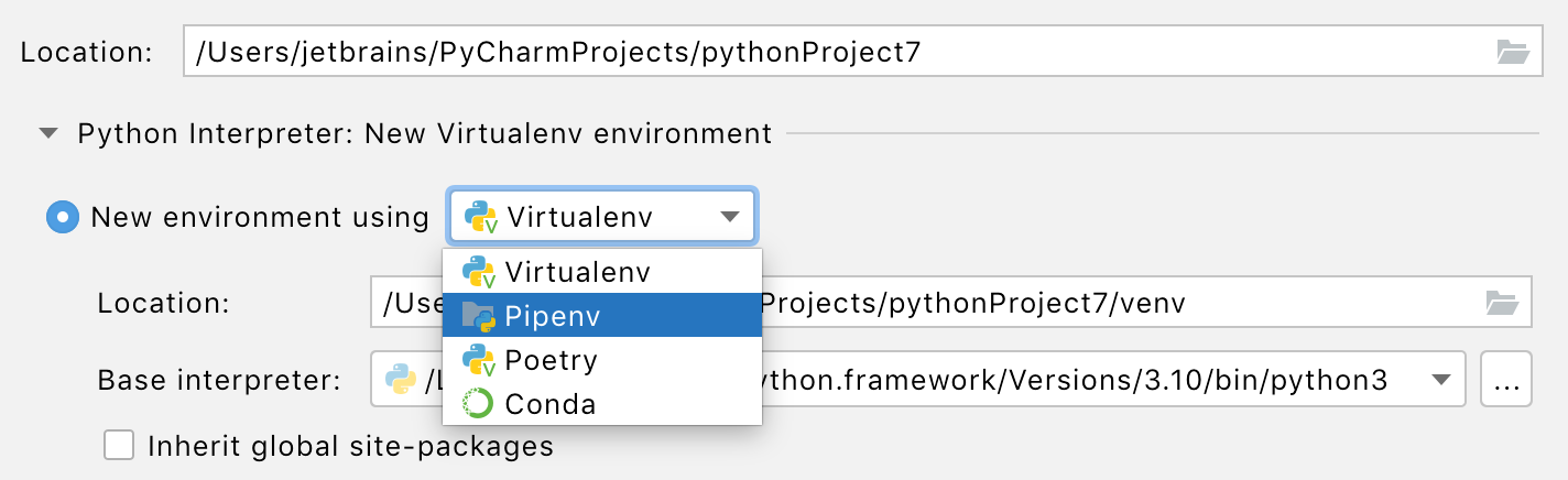 Select Pipenv when creating a new Python project