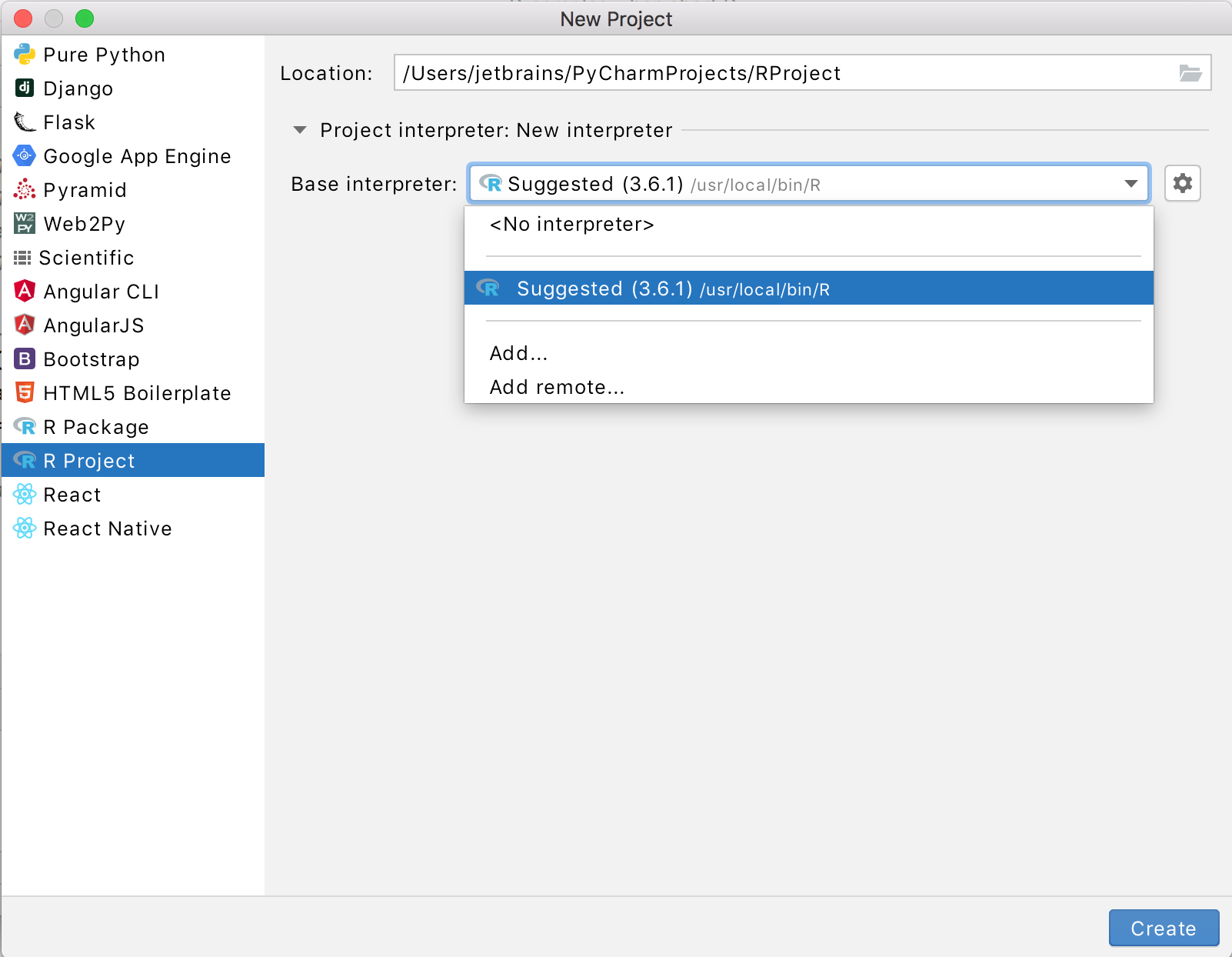 Adding a new project R interpreter