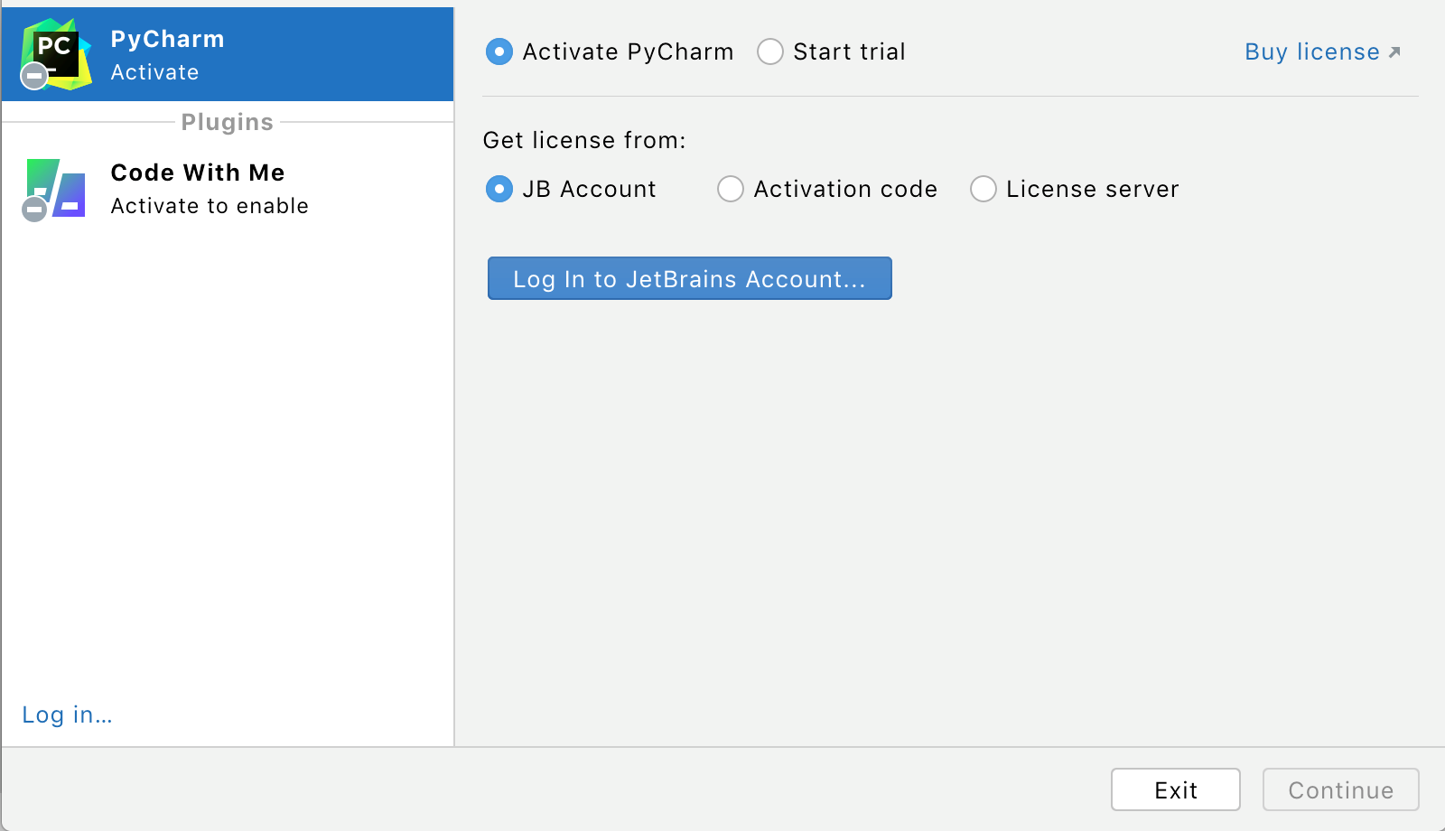 PyCharm: Licenses dialog