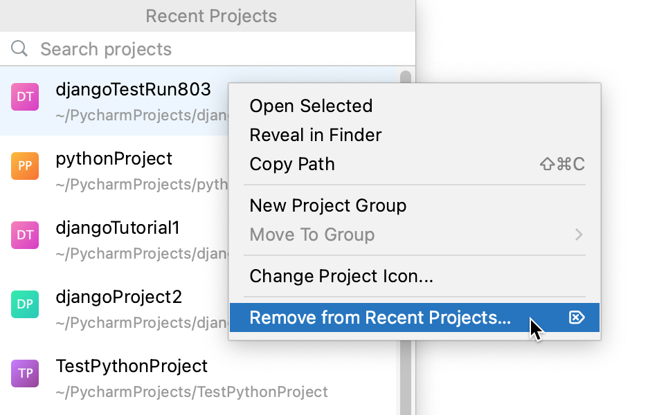 Remove a recent project from the list of the recent projects