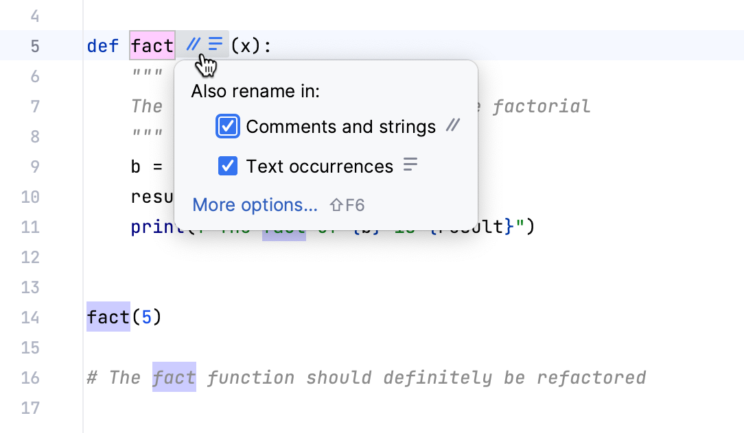 Options for inline rename refactoring