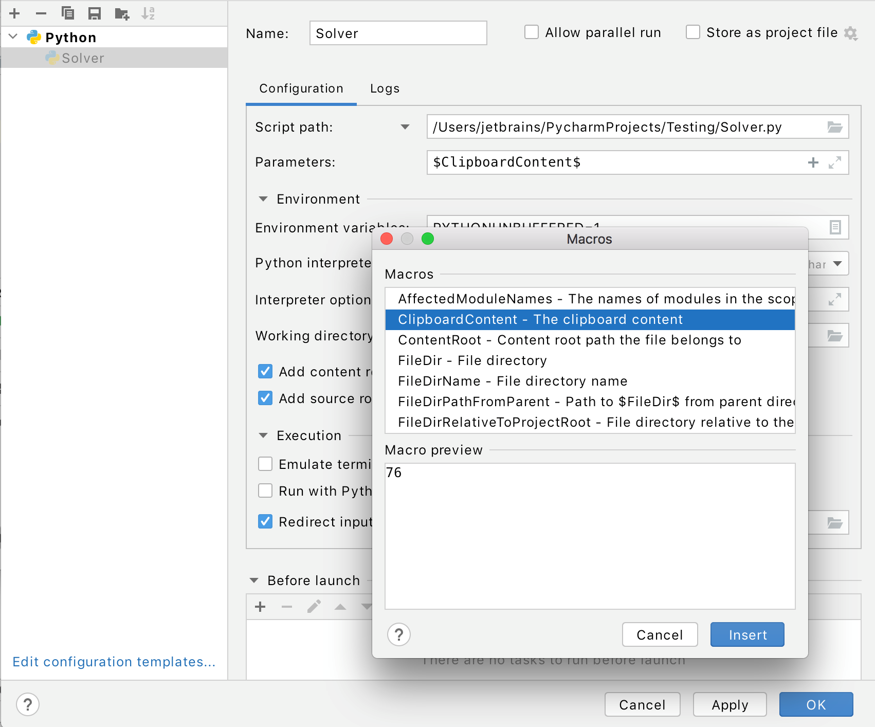 Adding macros to the Solver run/debug configuration