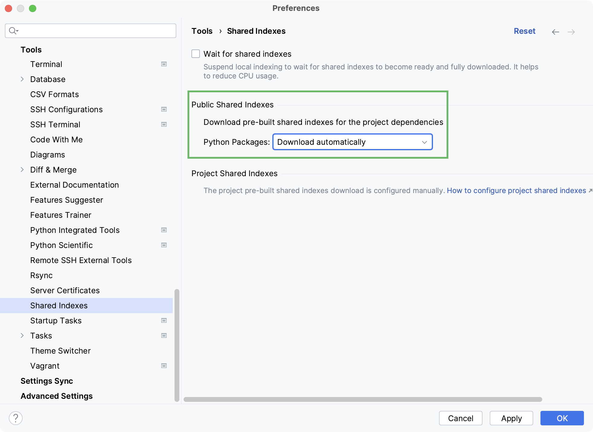 Settings: Shared Indexes