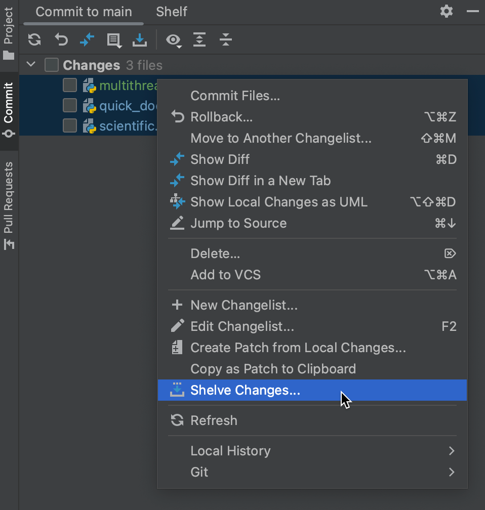 Shelve and unshelve changes PyCharm Documentation