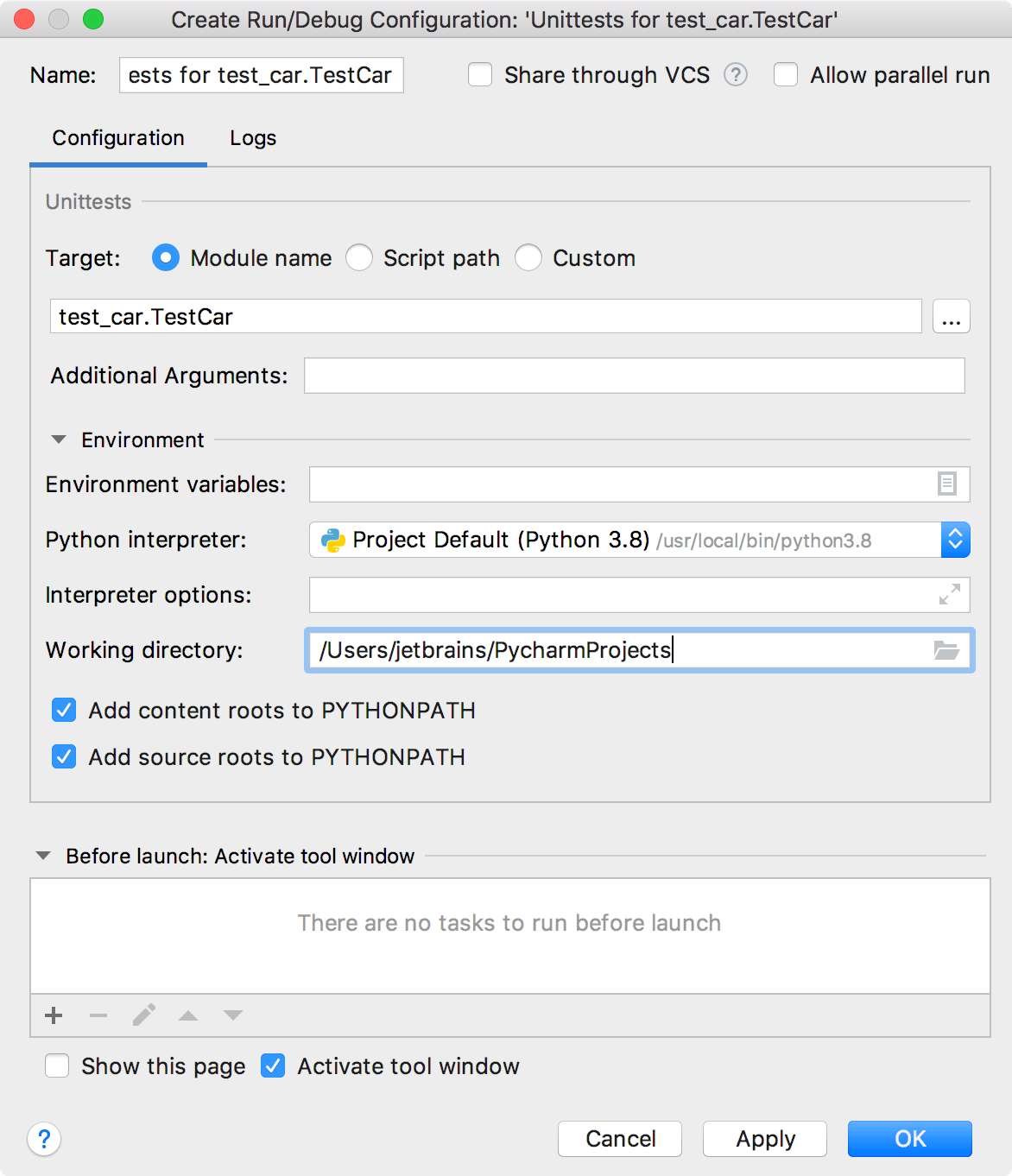 Editing Run/Debug configuration for tests