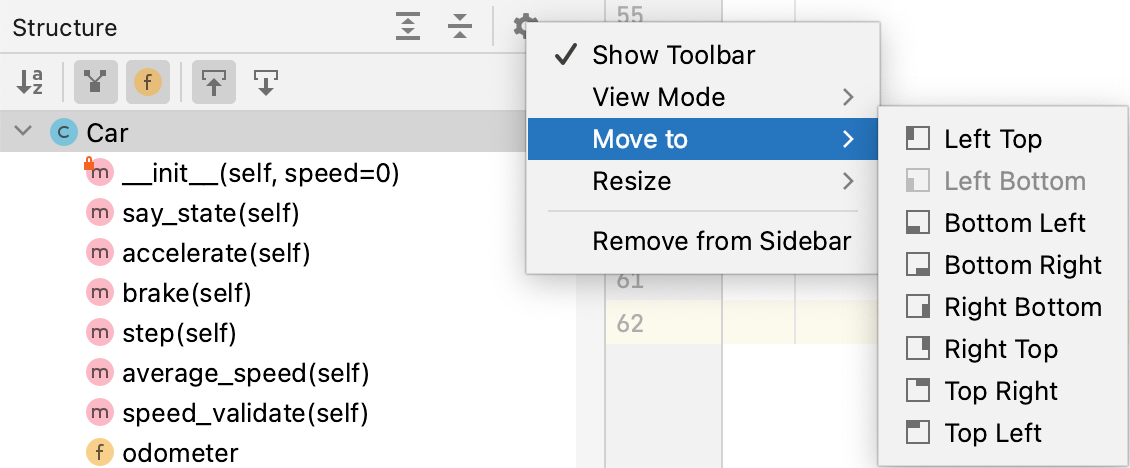 Tool window options menu: Move to