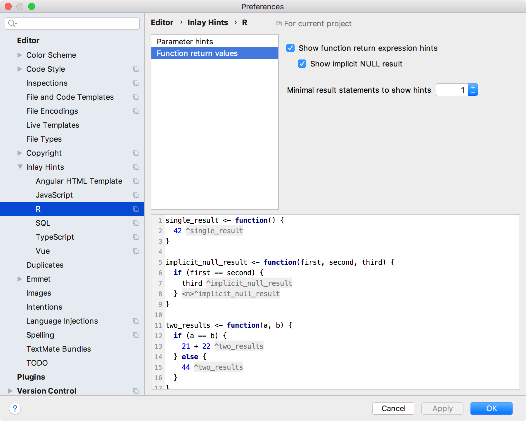 Configuring inlay hints for the return values