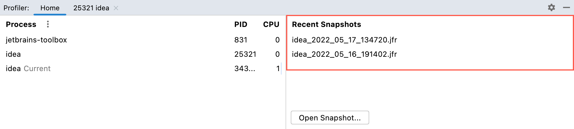 The Recent Snapshots panel in the Profiler tool window