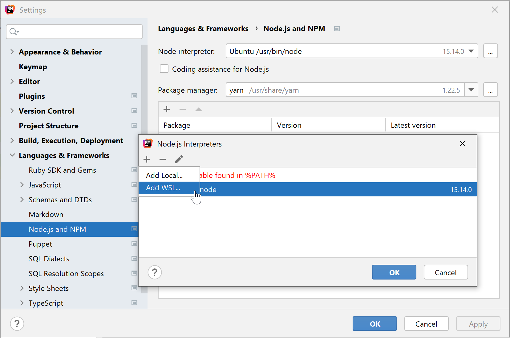 Configure WSL Node.js interpreter: add WSL