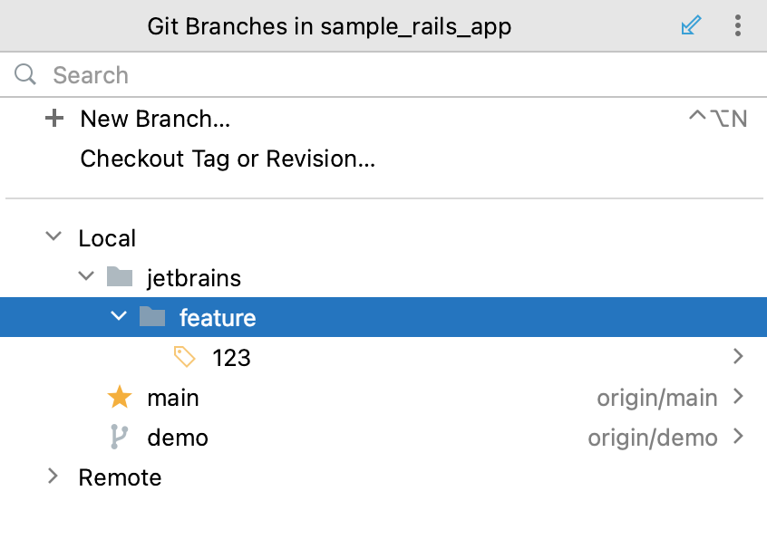 Branches grouped by prefix in the Branches popup