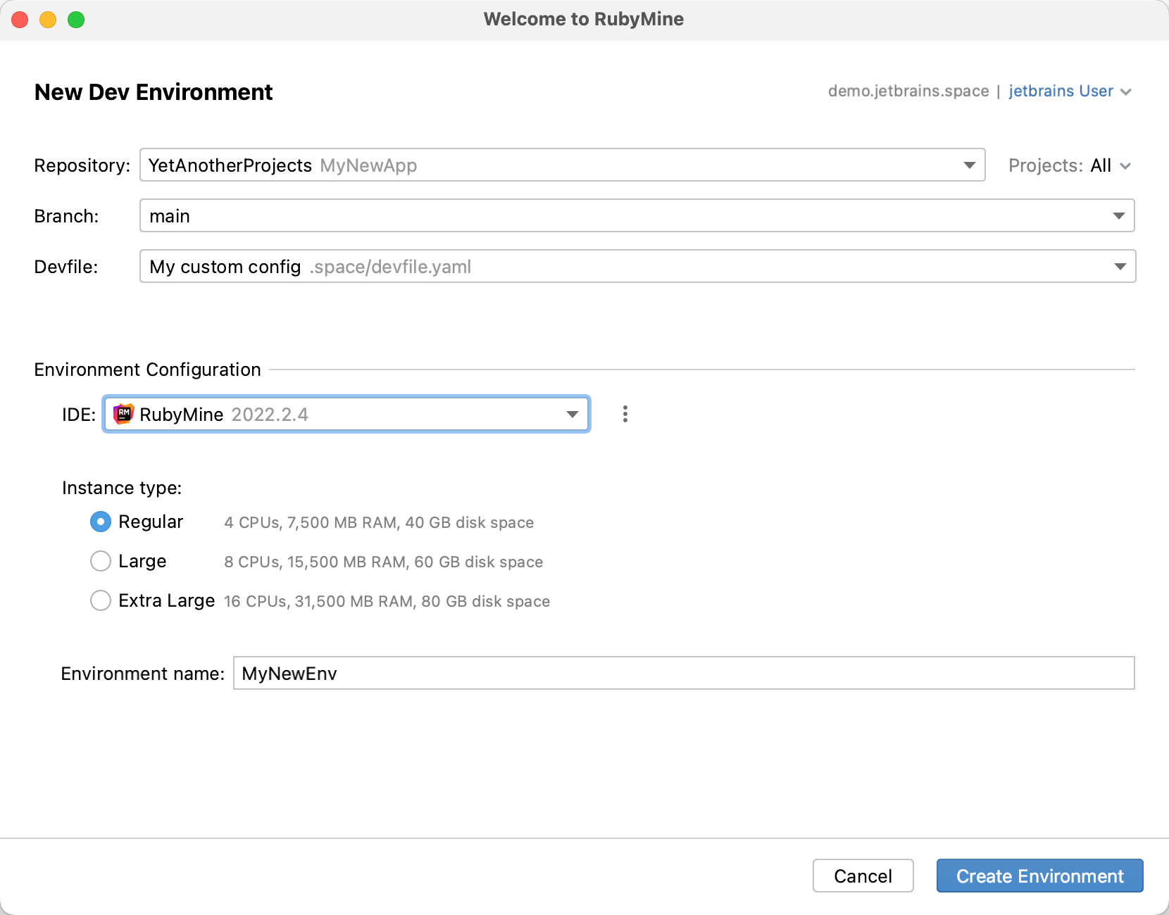 The Dev Environments window