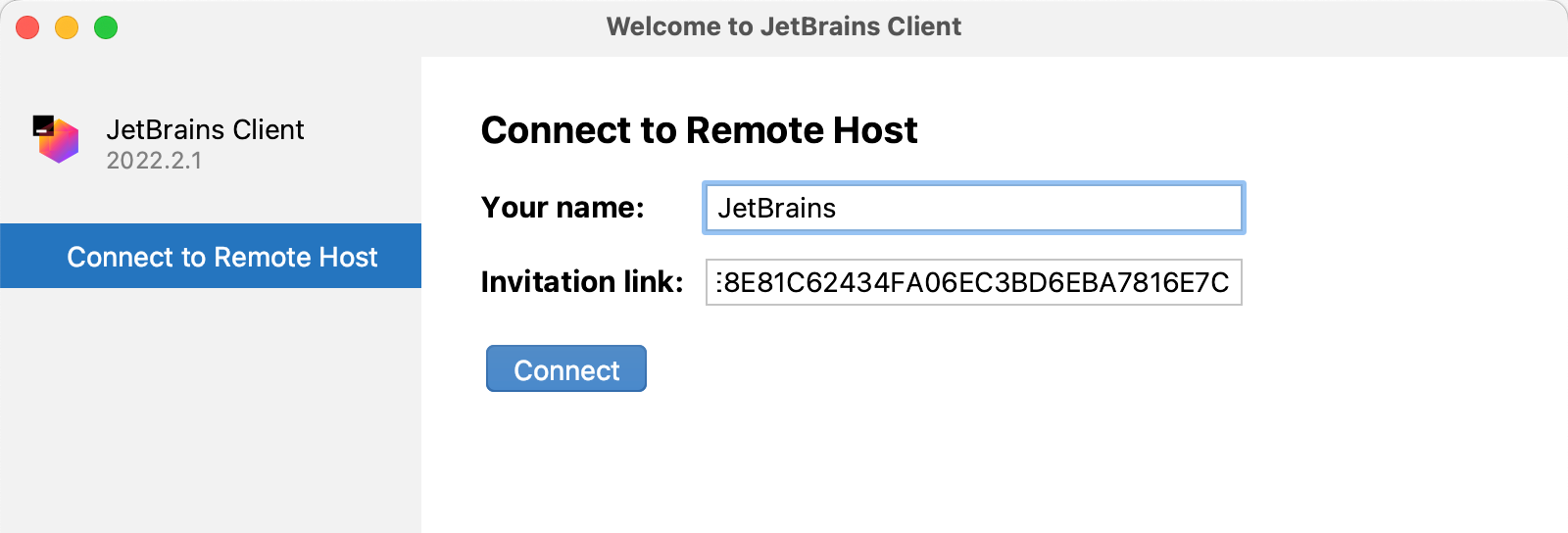 JetBrains Client welcome screen
