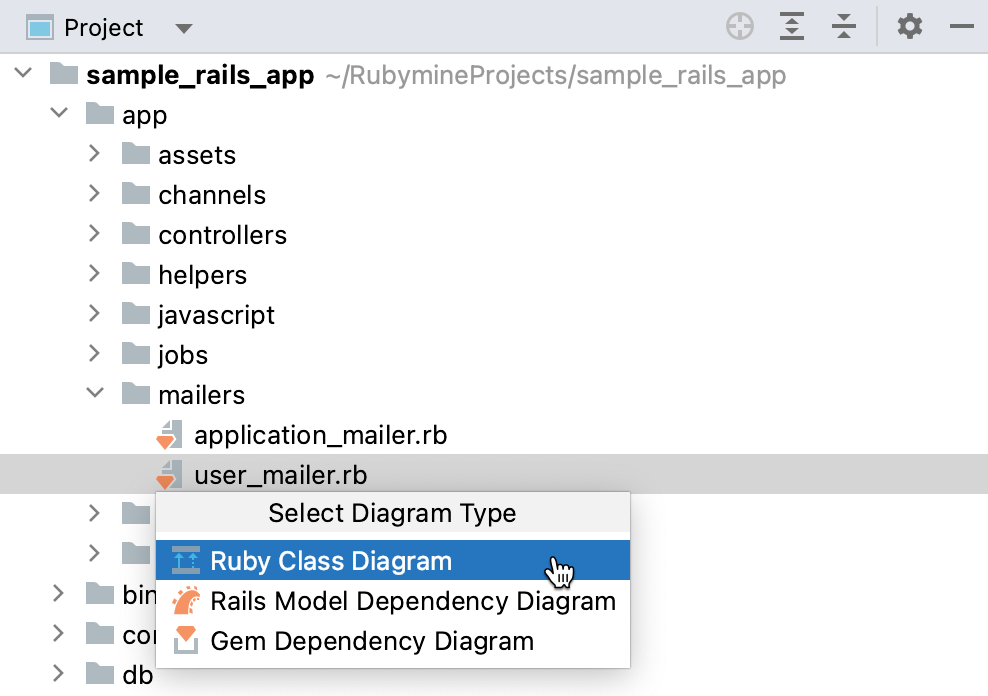 The Diagram popup in a project view