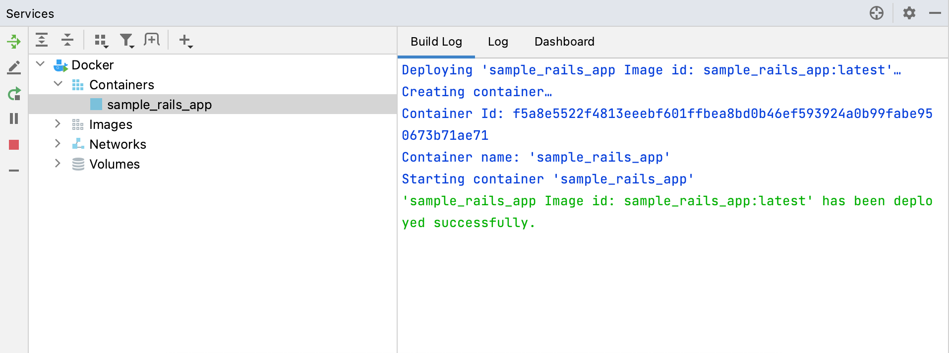 The Build Log tab of a container selected in the Services tool window