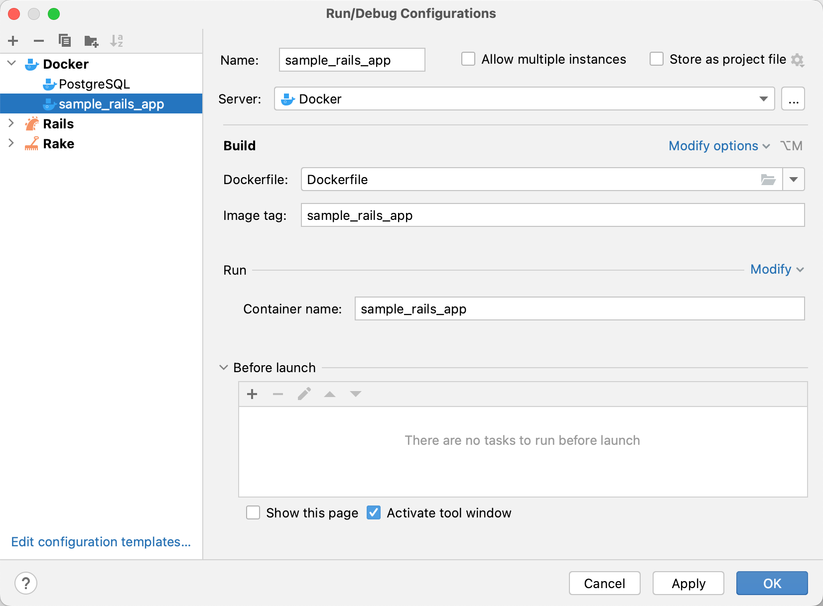 Dockerfile run configuration dialog