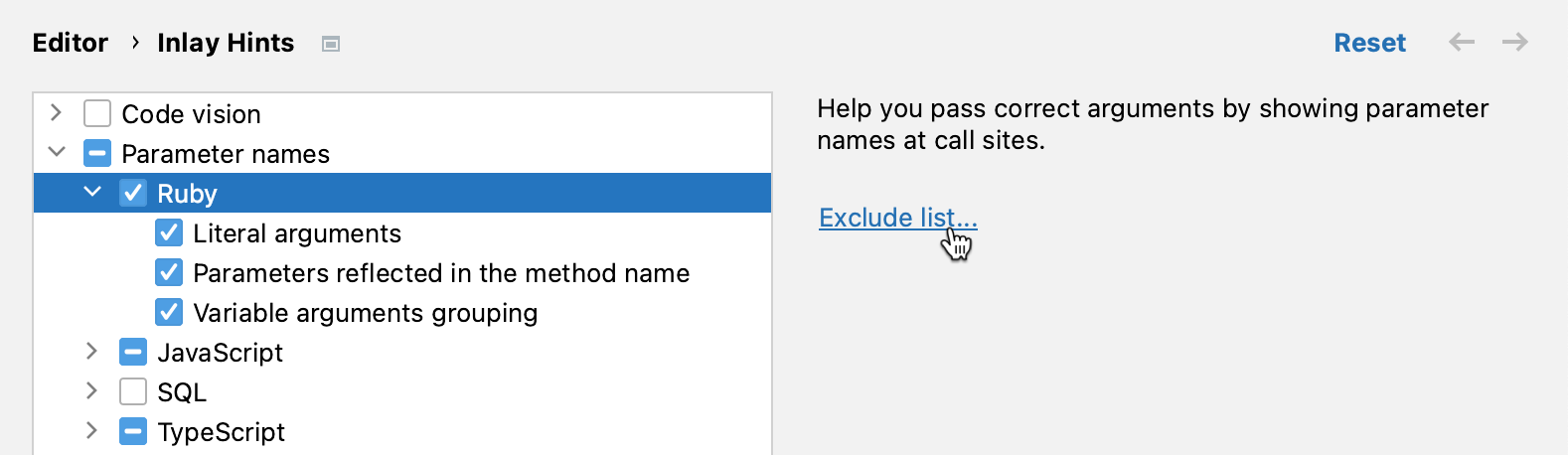 Configure the parameter hints exception list