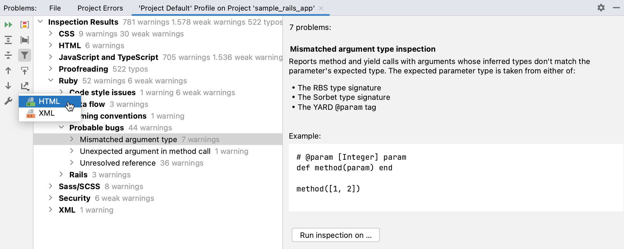 The Export button in the Inspection Results tool window