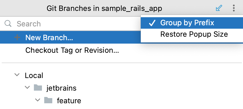 Group by Prefix option in the Branches popup