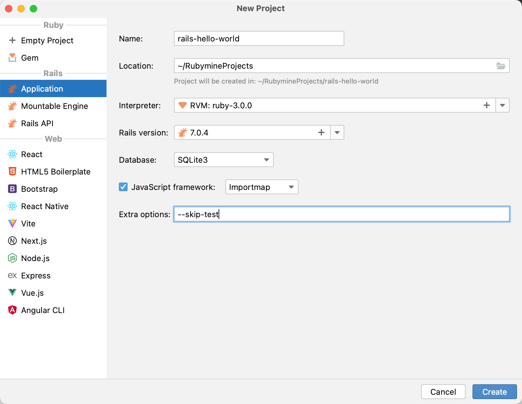 New Project dialog: Rails application