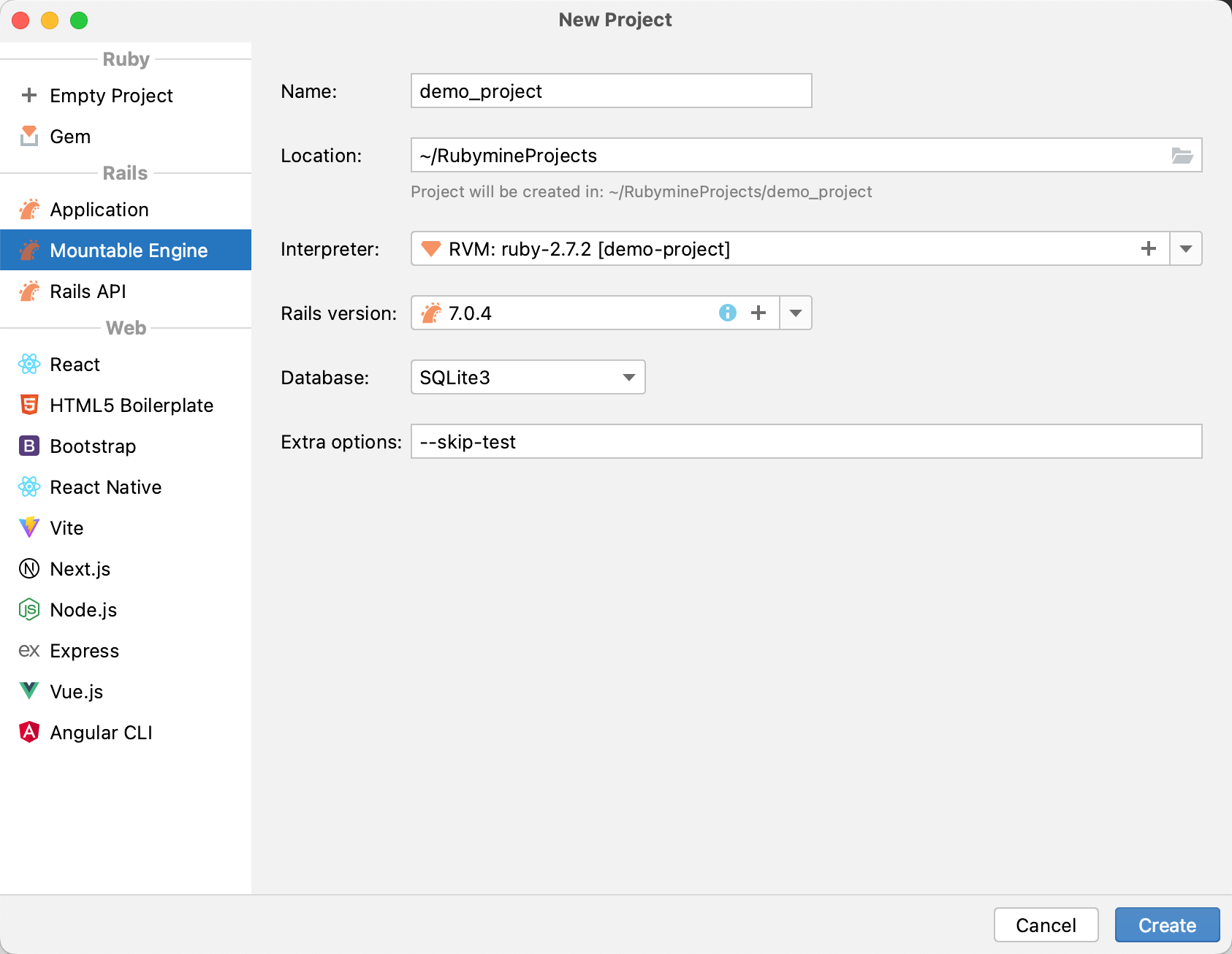 New Project dialog: Rails application