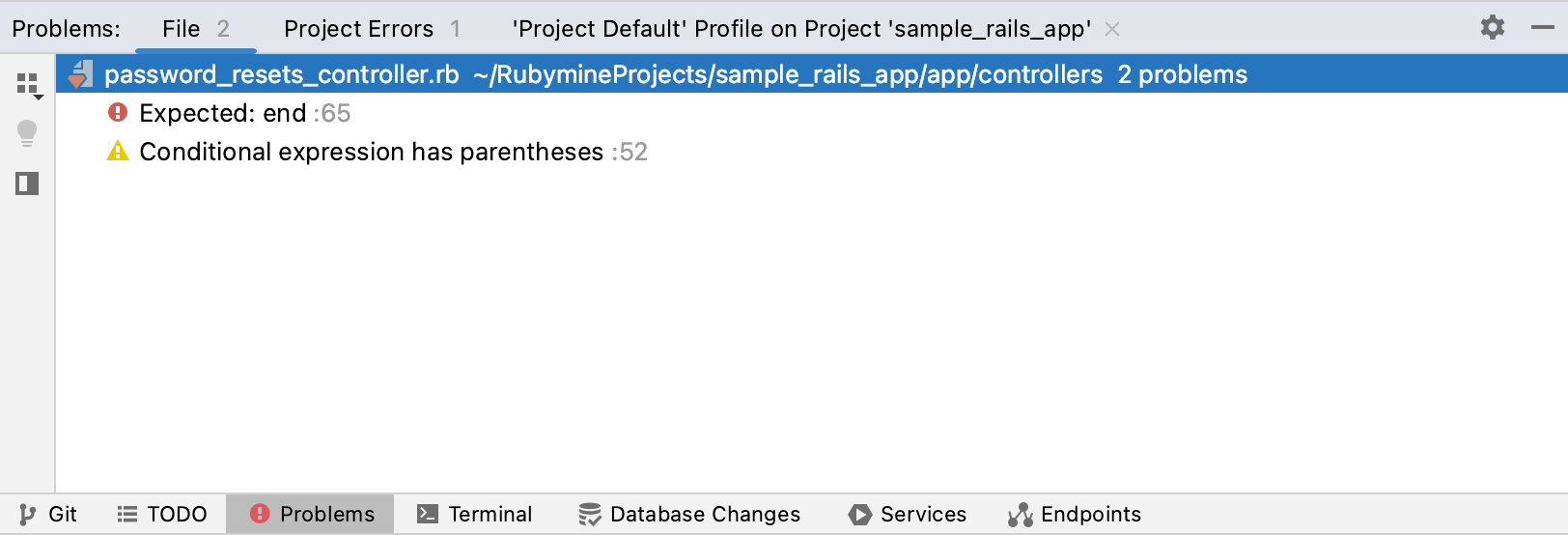 RubyMine: Problems tool window. Current File tab